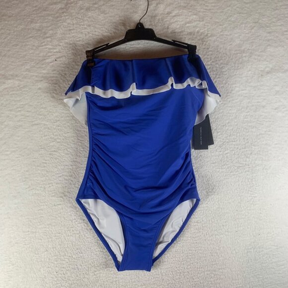 Tommy Hilfiger Women's Ruffled Flounce Blue Strapless One-Piece Swimsuit Size 10 - Picture 1 of 8
